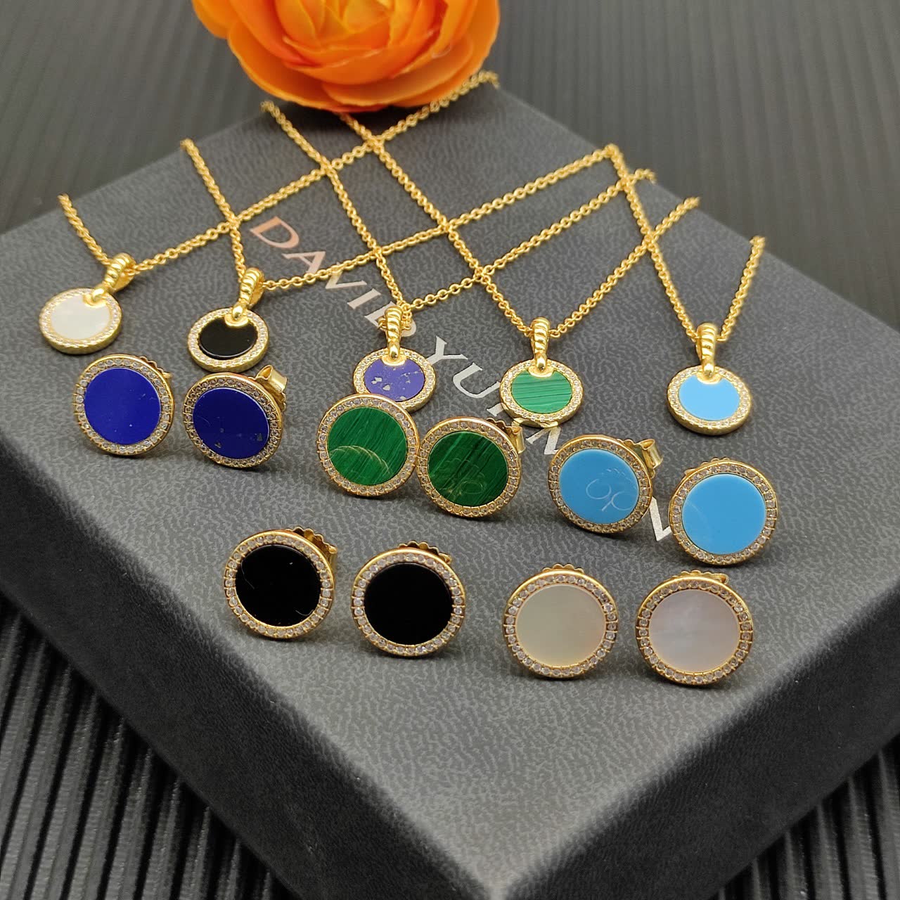 David Yurman Gold Plated Enamel Circle Pendant Necklace